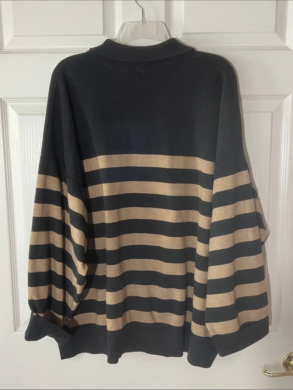 Free People Coastal Stripe Half-Zip Pullover Sweater in‎ Dark Gray & Tan, Sz XL